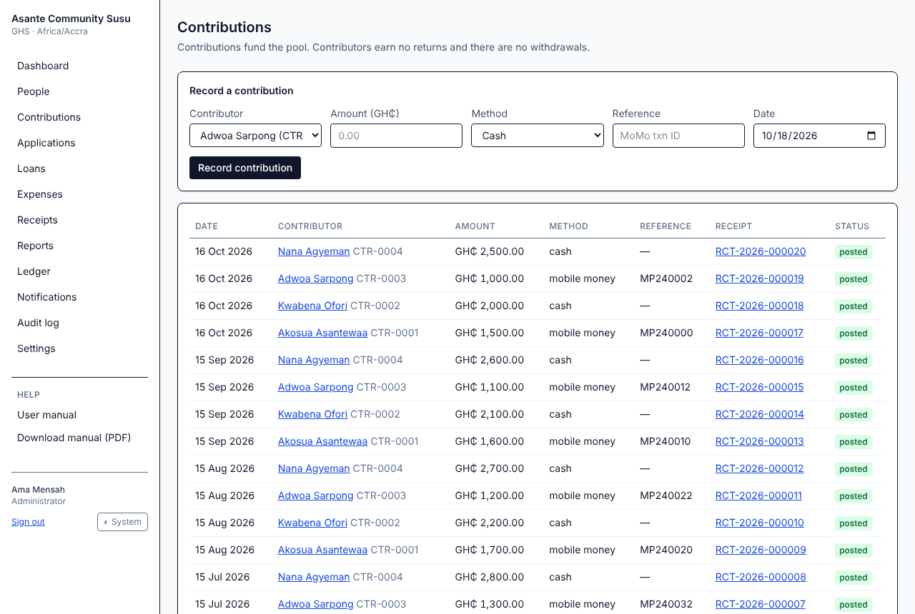 The contributions page with the form to record a contribution