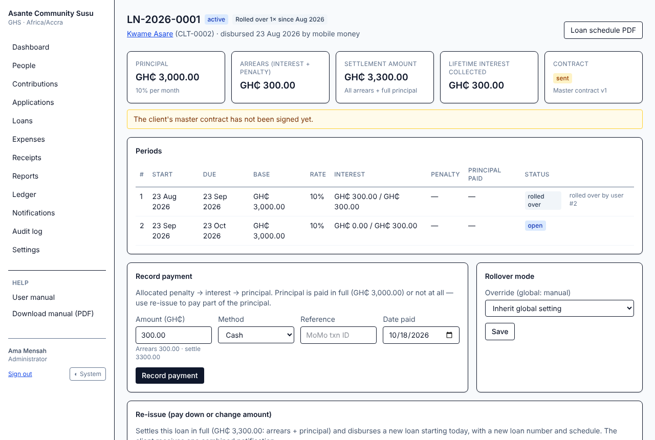 A loan's page with its summary, periods and payment form